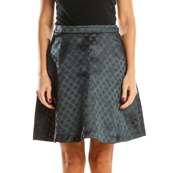 Ann Taylor LOFT A Line Skirt Green Floral Jacquard Zip Flare Petite 4P - Picture 2 of 8